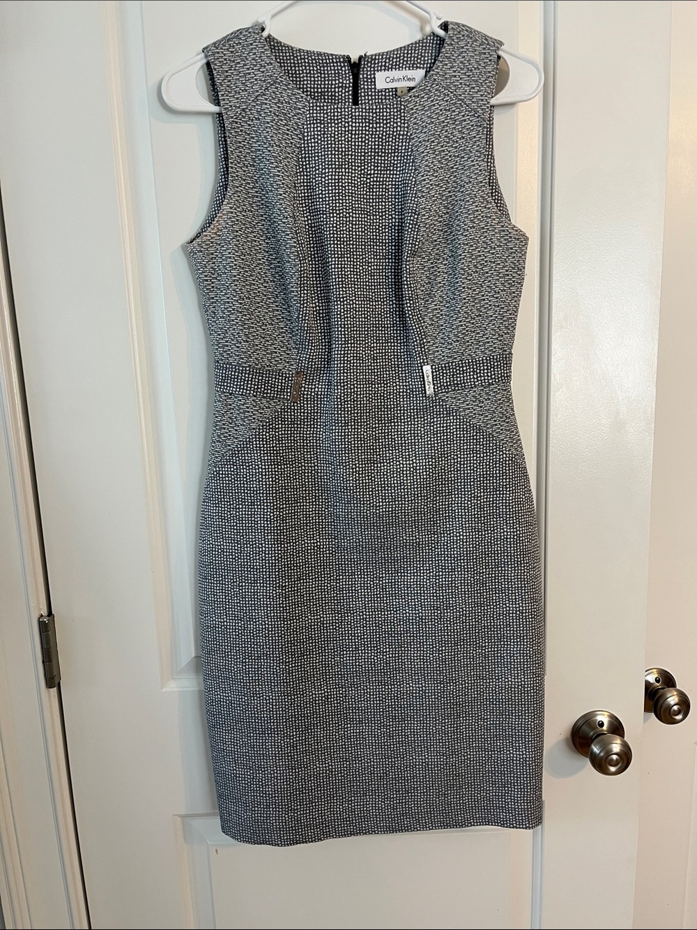 Calvin Klein Black and White Textured Sleeveless Midi Sheath Dress